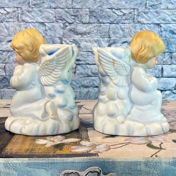 Vintage Porcelain Praying Angel Candlestick Holders Set of Two Cherubs - Picture 1 of 6